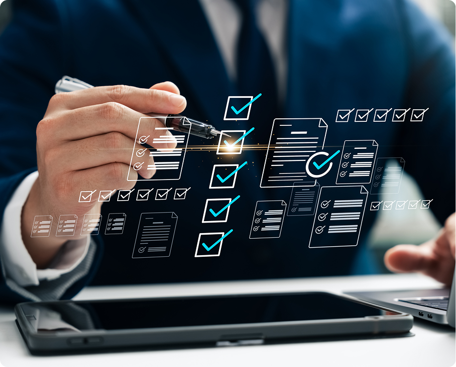 Businessman completing a digital checklist on a transparent interface.